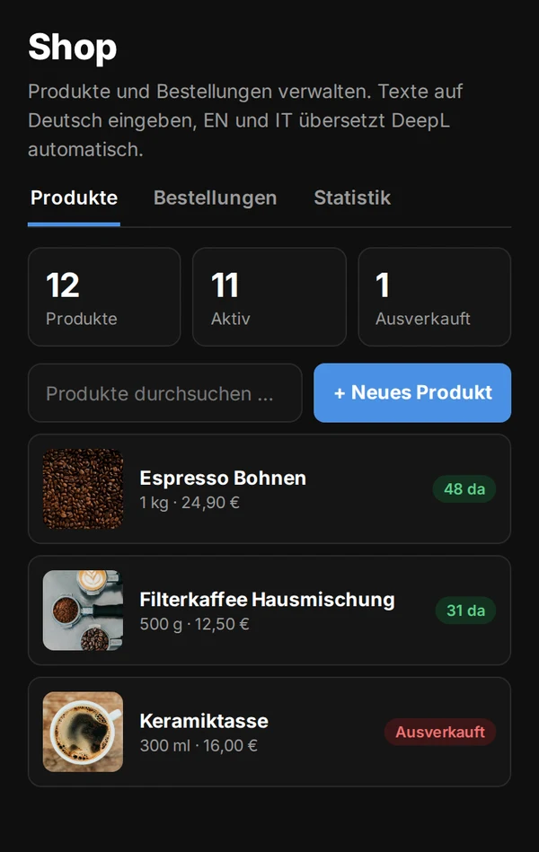 Prometheus Demo am Handy: Shop mit Produkten und Bestand