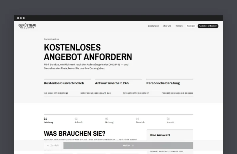Angebotsrechner auf der Website von Gerüstbau Wellhorn