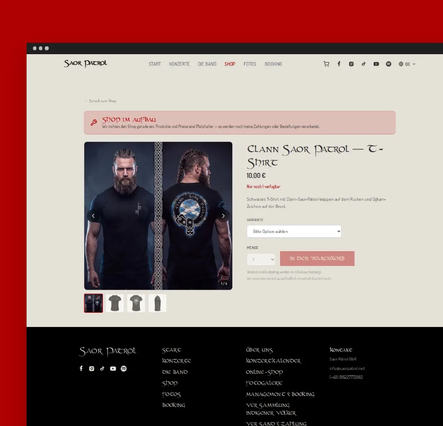 Produktseite im Merch-Shop von Saor Patrol