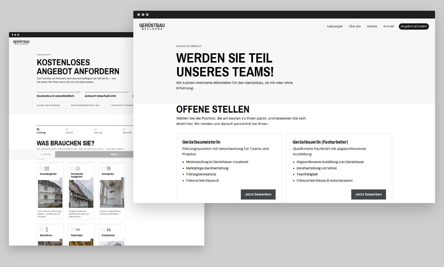 Zwei Seiten der Website von Gerüstbau Wellhorn
